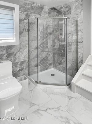 Bathroom, Glass Shower, Interior, Marble, Marble Walls, Recessed Lighting