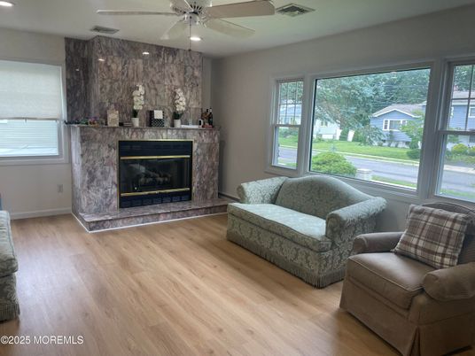 Fireplace, Interior, Recessed Lighting, Wood Texture Flooring