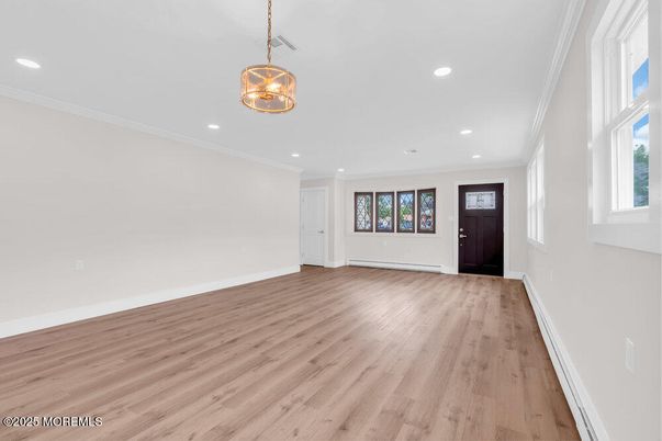 Empty room, Interior, Pendant Lights, Recessed Lighting, Wood Texture Flooring