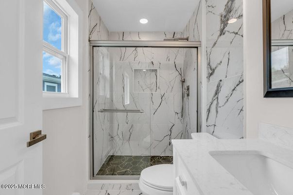 Bathroom, Glass Shower, Interior, Marble Walls, Recessed Lighting