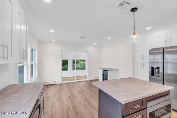 Interior, Kitchen, Pendant Lights, Recessed Lighting, Stainless Steel Appliances, Wood Texture Flooring