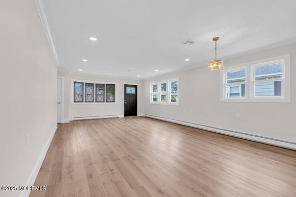 Empty room, Interior, Pendant Lights, Recessed Lighting, Wood Texture Flooring