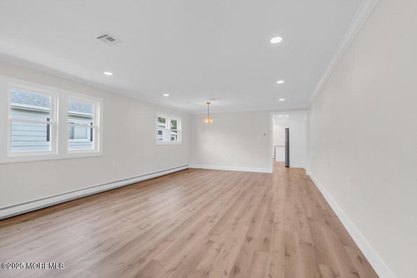 Empty room, Interior, Pendant Lights, Recessed Lighting, Wood Texture Flooring