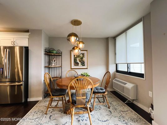 Dining room, Interior, Kitchen, Pendant Lights, Stainless Steel Appliances, Wood Texture Flooring