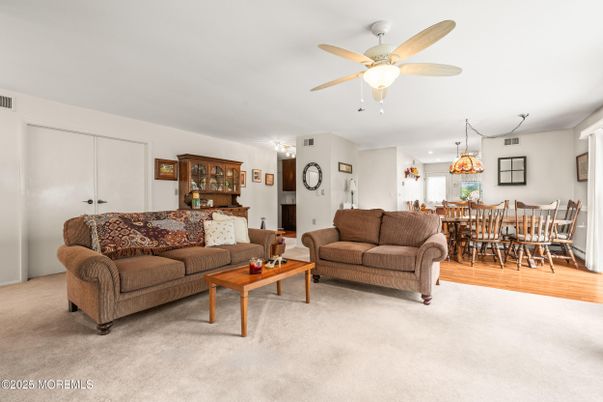 Dining room, Interior, Living room, Pendant Lights, Recessed Lighting, Wood Texture Flooring