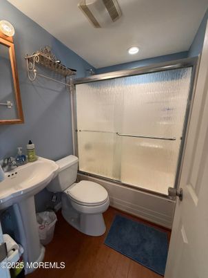 Bathroom, Glass Shower, Interior, Recessed Lighting, Wood Texture Flooring