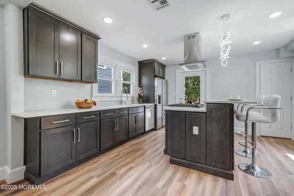 Interior, Kitchen, Pendant Lights, Recessed Lighting, Wood Texture Flooring
