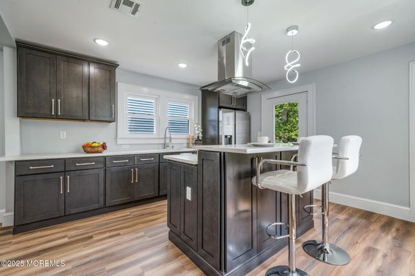 Interior, Kitchen, Pendant Lights, Recessed Lighting, Wood Texture Flooring