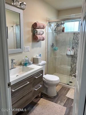 Bathroom, Glass Shower, Interior, Wood Texture Flooring