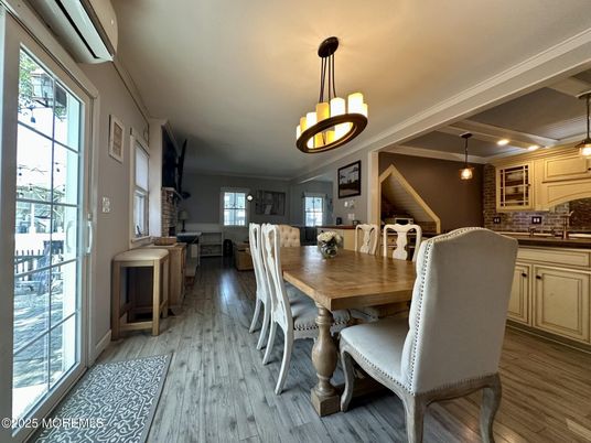 Dining room, Interior, Pendant Lights, Wood Texture Flooring