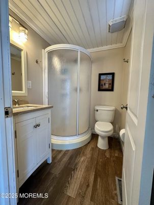 Bathroom, Glass Shower, Interior, Wood Texture Flooring