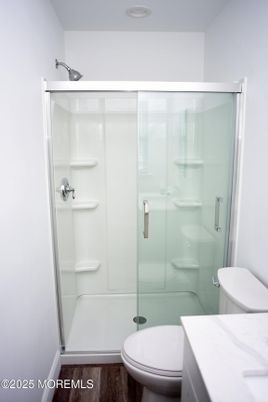 Bathroom, Glass Shower, Interior, Recessed Lighting, Wood Texture Flooring