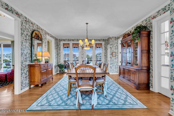 Chandelier, Dining room, Interior, Wood Texture Flooring