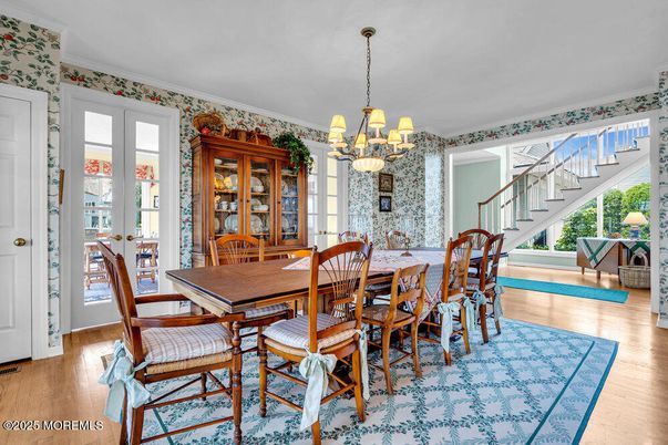 Chandelier, Dining room, Interior, Wood Texture Flooring
