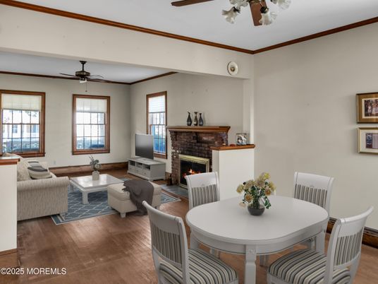 Dining room, Fireplace, Interior, Living room, Wood Texture Flooring
