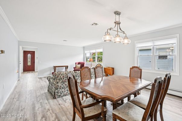 Dining room, Interior, Pendant Lights, Wood Texture Flooring