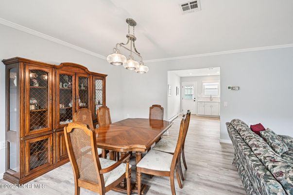 Dining room, Interior, Pendant Lights, Recessed Lighting, Wood Texture Flooring