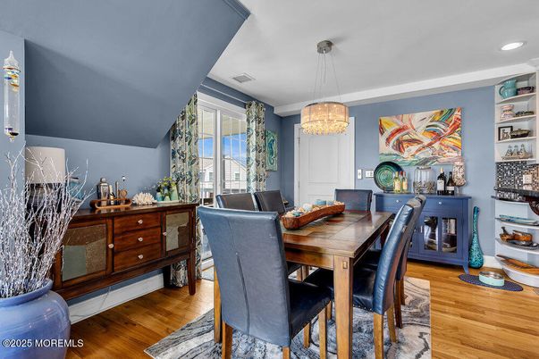 Dining room, Interior, Pendant Lights, Recessed Lighting, Wood Texture Flooring