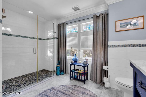 Bathroom, Glass Shower, Interior, Marble, Recessed Lighting