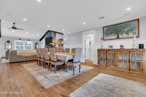 Dining room, Interior, Living room, Recessed Lighting, Wood Texture Flooring