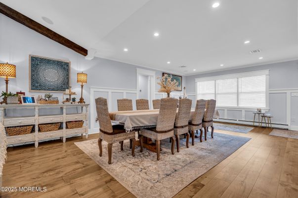 Dining room, Interior, Recessed Lighting, Wood Texture Flooring