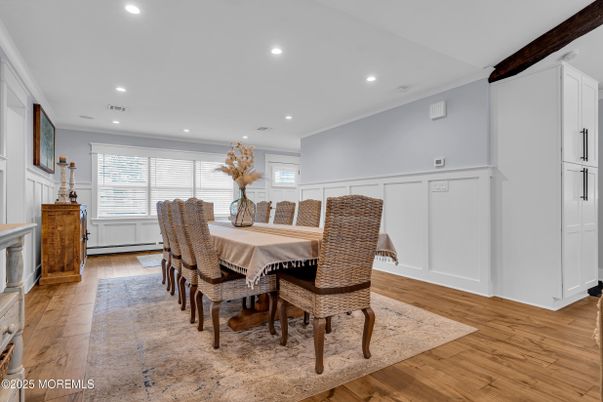 Dining room, Interior, Recessed Lighting, Wood Texture Flooring