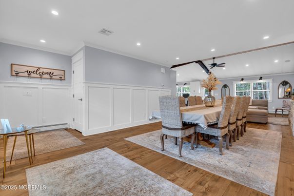 Dining room, Interior, Recessed Lighting, Wood Texture Flooring