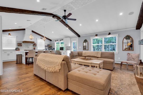 Dining room, Interior, Kitchen, Living room, Pendant Lights, Recessed Lighting, Wooden Beams, Wood Texture Flooring