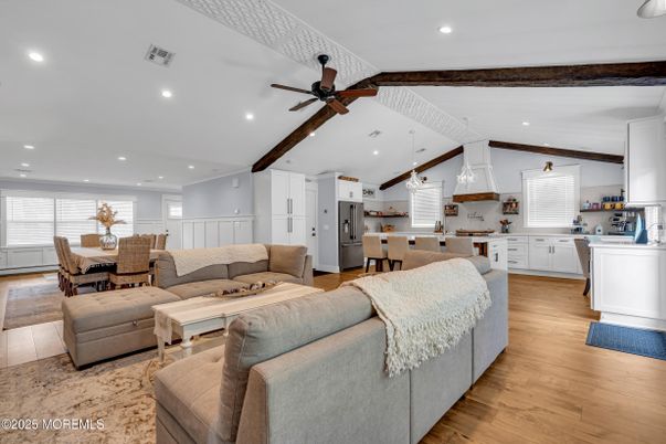 Dining room, Interior, Kitchen, Living room, Pendant Lights, Recessed Lighting, Wooden Beams, Wood Texture Flooring
