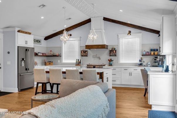 Interior, Kitchen, Pendant Lights, Recessed Lighting, Wooden Beams, Wood Texture Flooring