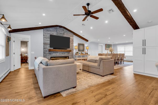Dining room, Fireplace, Interior, Living room, Recessed Lighting, Stone Walls, Wooden Beams, Wood Texture Flooring