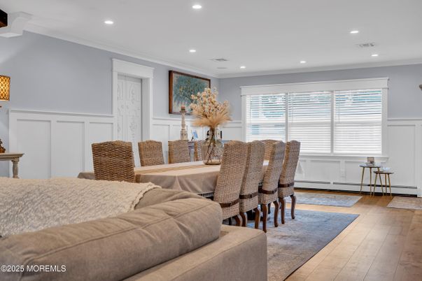 Dining room, Interior, Living room, Recessed Lighting, Wood Texture Flooring