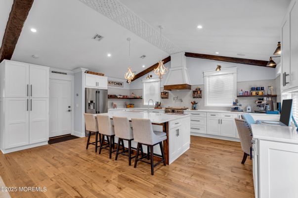 Interior, Kitchen, Pendant Lights, Recessed Lighting, Stainless Steel Appliances, Wooden Beams, Wood Texture Flooring