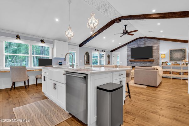 Fireplace, Interior, Kitchen, Living room, Pendant Lights, Recessed Lighting, Stone Walls, Wooden Beams, Wood Texture Flooring