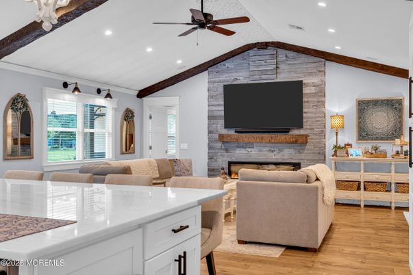 Fireplace, Interior, Living room, Recessed Lighting, Wooden Beams, Wood Texture Flooring