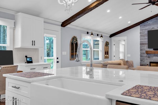 Fireplace, Interior, Kitchen, Living room, Recessed Lighting, Wooden Beams