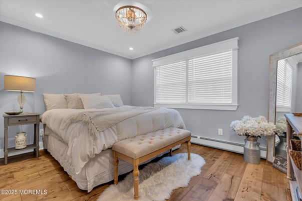 Bedroom, Chandelier, Interior, Recessed Lighting, Wood Texture Flooring