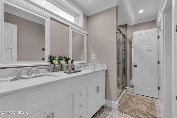 Bathroom, Dual Sink Vanities, Glass Shower, Interior, Recessed Lighting