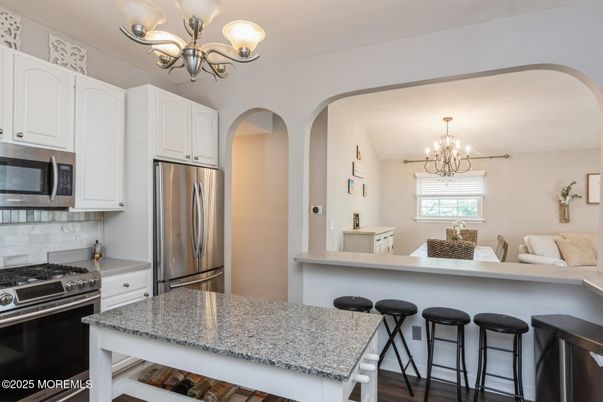 Chandelier, Interior, Kitchen, Stainless Steel Appliances, Wood Texture Flooring