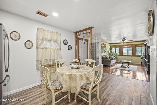 Dining room, Interior, Recessed Lighting, Wood Texture Flooring