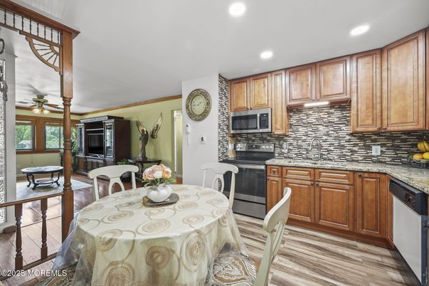Dining room, Interior, Kitchen, Recessed Lighting, Wood Texture Flooring