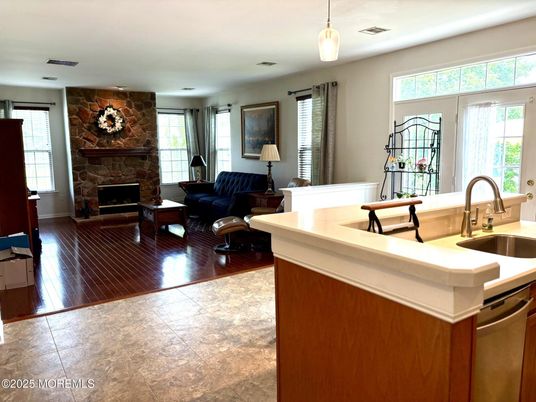 Fireplace, Interior, Kitchen, Living room, Pendant Lights, Stone Walls, Wood Texture Flooring