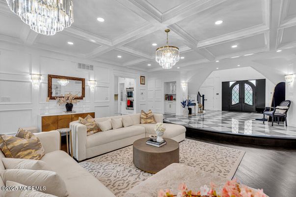 Chandelier, Interior, Living room, Recessed Lighting, Wood Texture Flooring