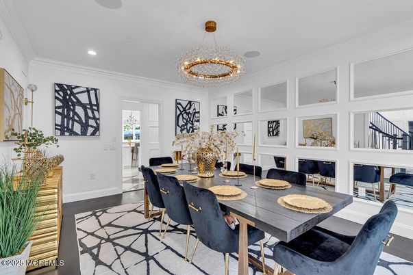 Chandelier, Dining room, Fireplace, Interior, Recessed Lighting, Wood Texture Flooring