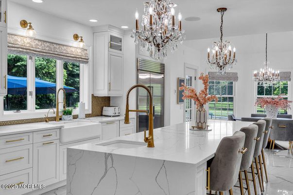 Chandelier, Interior, Kitchen, Marble, Recessed Lighting, Stainless Steel Appliances