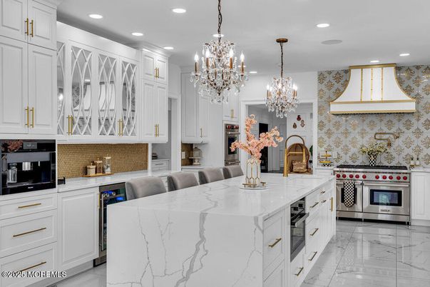 Chandelier, Interior, Kitchen, Marble, Recessed Lighting, Stainless Steel Appliances
