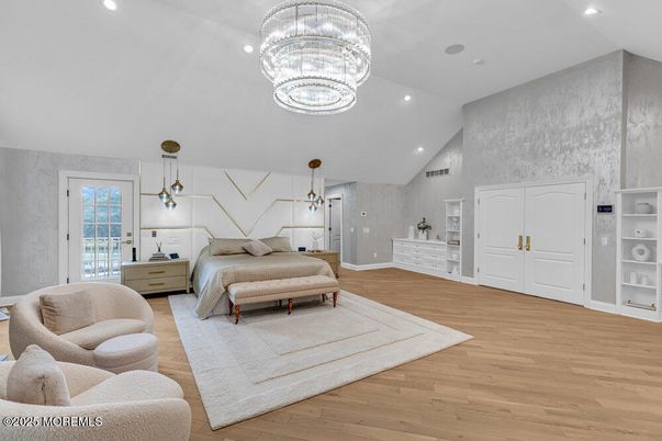 Bedroom, Chandelier, Interior, Pendant Lights, Recessed Lighting, Wood Texture Flooring