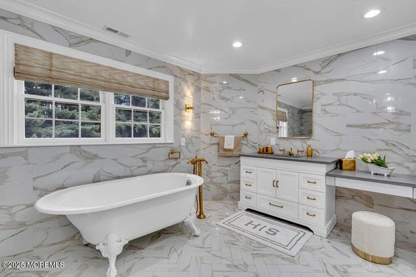 Bathroom, Free Standing Baths, Interior, Marble, Marble Walls, Recessed Lighting