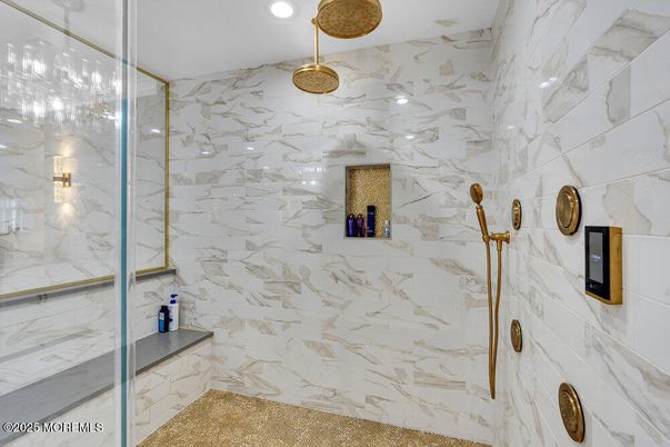 Bathroom, Glass Shower, Interior, Marble Walls, Recessed Lighting