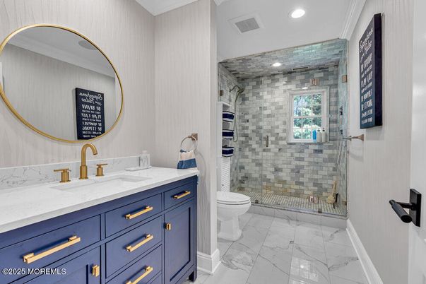 Bathroom, Dual Sink Vanities, Glass Shower, Interior, Marble, Recessed Lighting